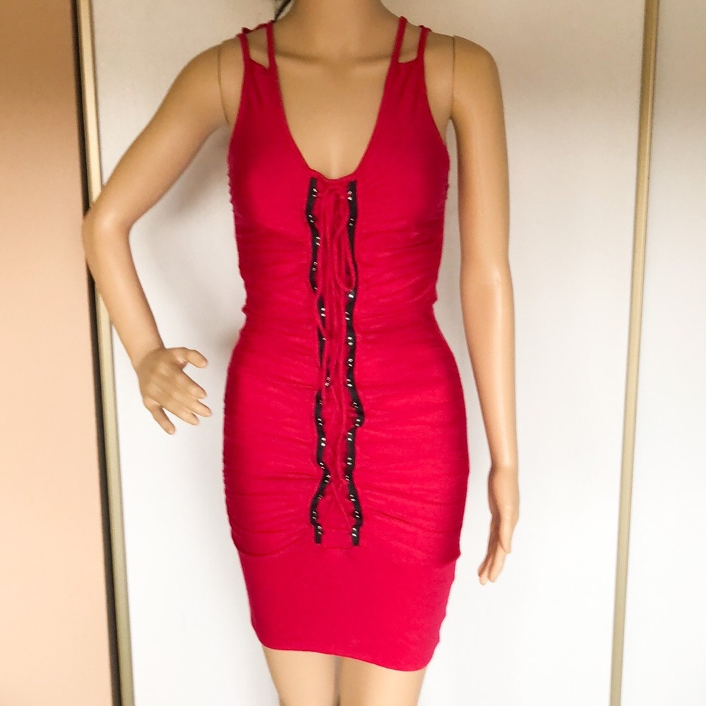 Hot pink ruched mini dress with rhinestones